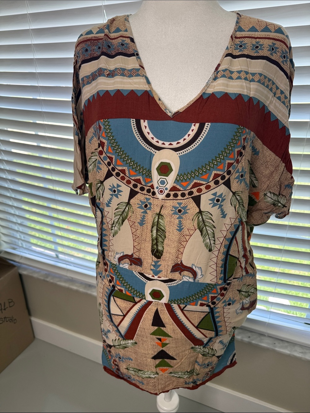 Festival Boho V-Neck Feather Print Tunic Top